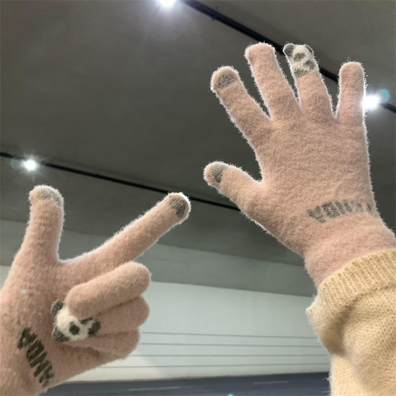 ragazzo ragazzo piccolo panda foderato in pile spesso per donna, stile Ins, caldo, antivento, resistente al freddo, compatibile con touchscreen,_voghion.com