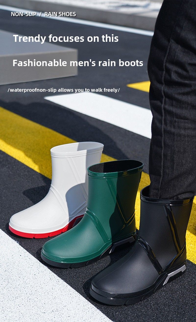 Modische flache Herren-Regenschuhe, mittlere Röhre, rutschfest, wasserdicht, Angelschuhe, Baustellen-/Küchen-Wasserschuhe für Herren_voghion.com