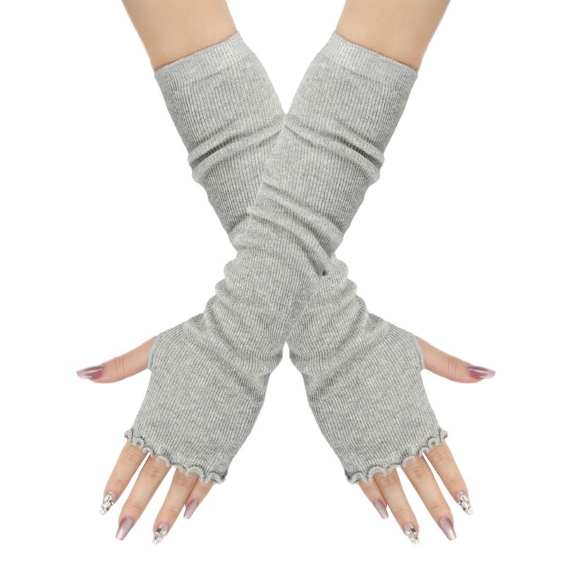 Unisex Long half-finger gloves with wooden ear edge Knitted warm cotton solid color open finger ruffled extended gloves_voghion.com