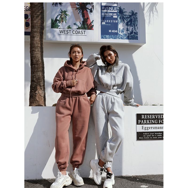 Completo da donna in due pezzi, felpa con cappuccio, pantaloni, top spessi a maniche lunghe, pullover, tasche, pantaloni a vita media, tuta sportiva_voghion.com