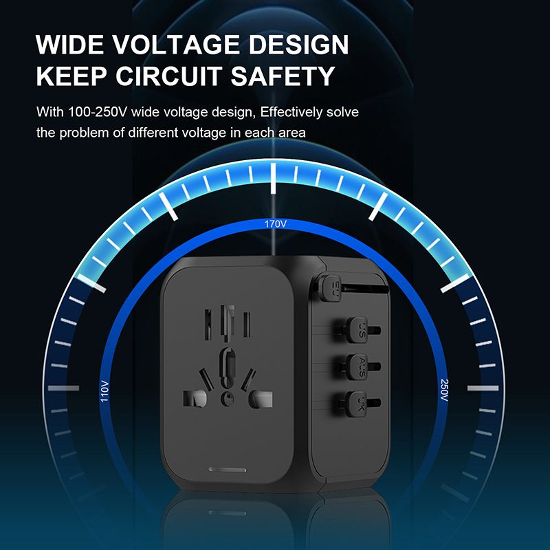 Adaptador de viagem global com 4 portas USB – Conversor de energia universal para EUA/Reino Unido/UE/AU (2000 W, 2 USB-C + 2 USB-A, proteção contra sobrecarga, segurança para crianças)_voghion.com