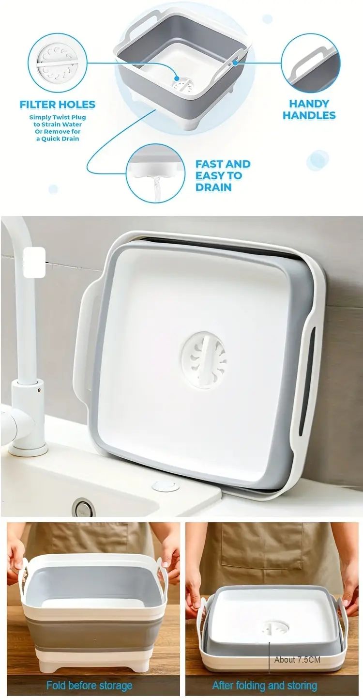 Silicone Collapsible Bucket With Drain Plug 1pc Portable Folding Basin For Camping Fishing Picnics Large Capacity Easy Storage_voghion.com