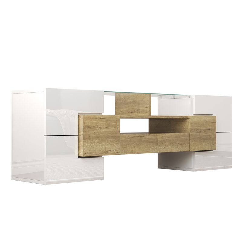 Meuble TV moderne, buffet bas blanc brillant de 145 cm avec éclairage LED, surface en verre élégante, mobilier de salon contemporain_voghion.com