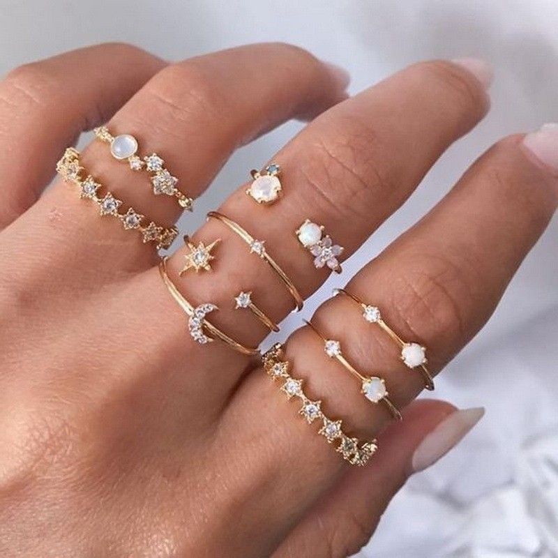 Hip-Hop Style Niche Inlaid Rhinestone Set Open Star Moon Heart Stacking Knuckle Ring_voghion.com