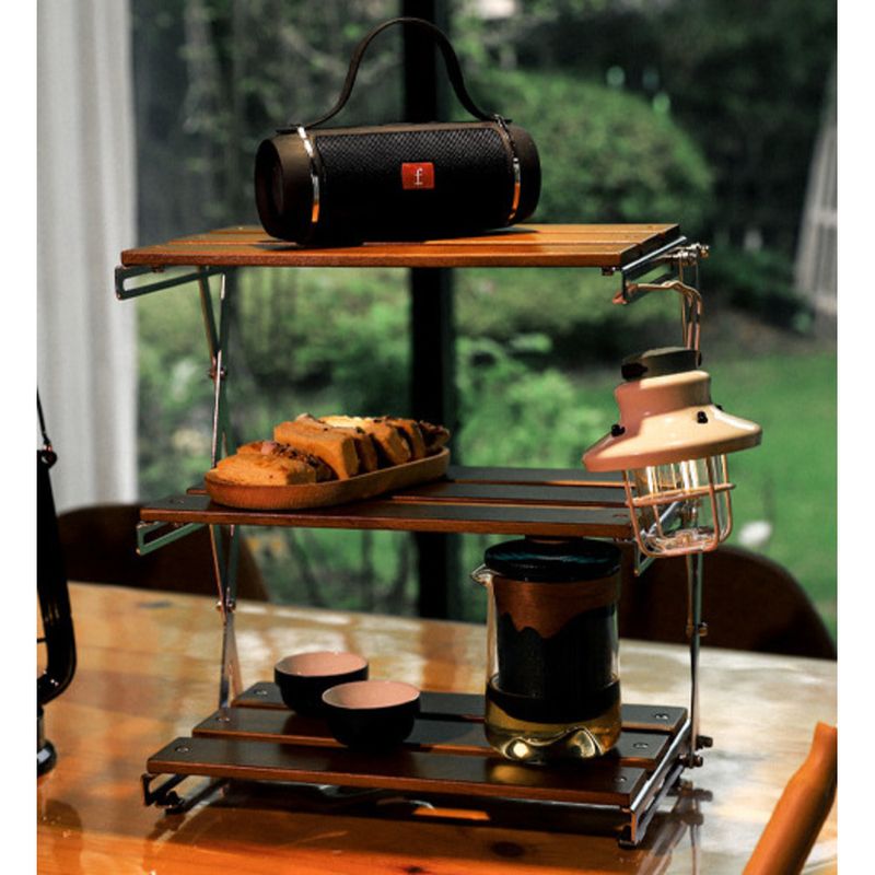 Outdoor Three-Layer Rack Solid Wood Foldable Portable Camping Folding Multi-Layer Multi-Function Storage Table_voghion.com