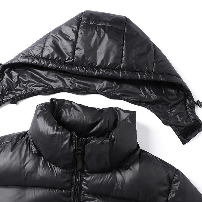 Schwarzgoldener kurzer Mantel im Paarstil mit Kapuze, glänzend, verdickt, warme Baumwollkleidung, Outdoor-Pufferjacke_voghion.com