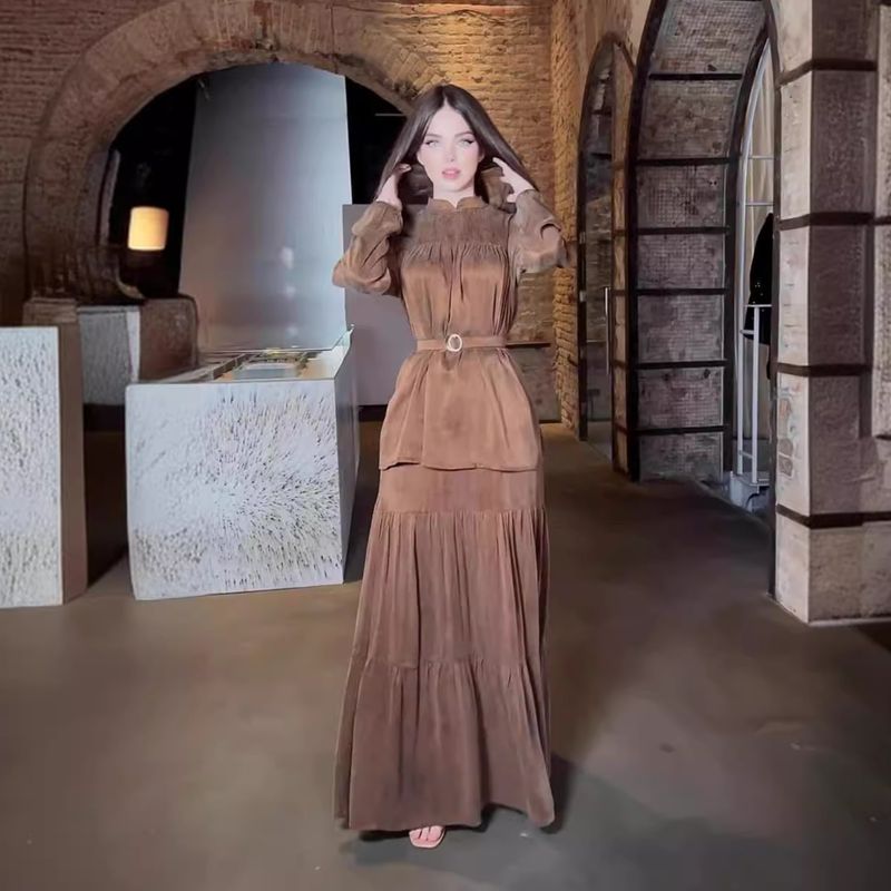 Sieviešu apģērbs rudens jauns vienkrāsains apaļš kakla izgriezums pieguļošs augšējais svārki elegants uzvalks_voghion.com