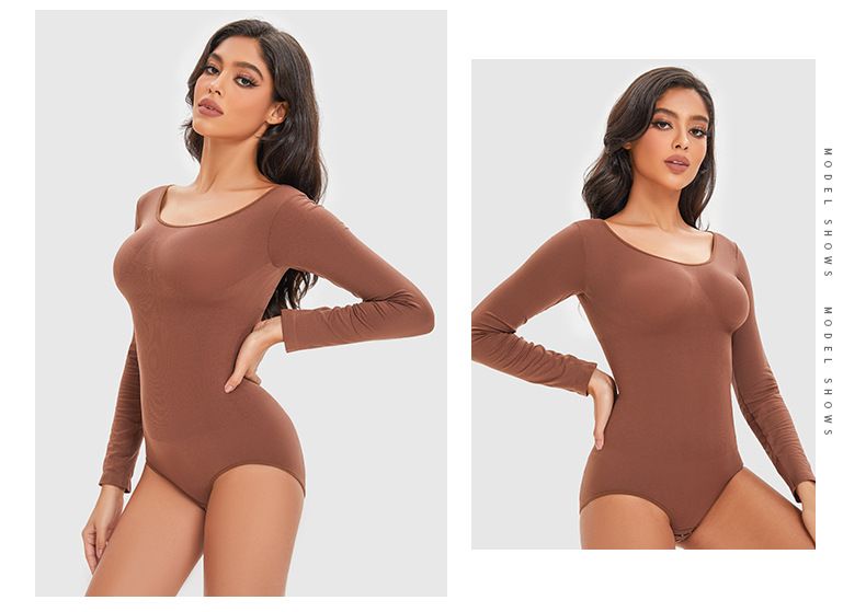 Nahtloser Shapewear-Body mit langen Ärmeln – Bauchkontrolle und Push-Up-Effekt – Volle Abdeckung mit dreieckigem Druckknopf – Schwarz/Haut/Braun (S-XXXL)_voghion.com