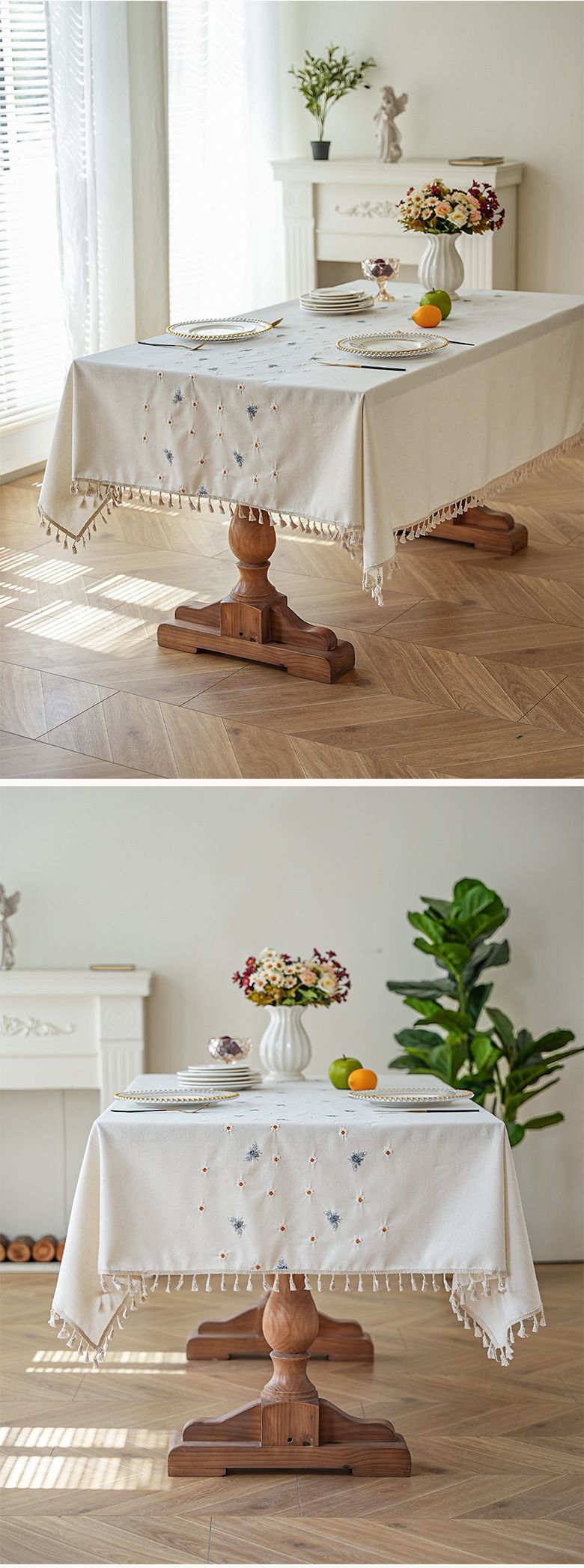 Wasserfeste und schmutzabweisende Tischdecke aus Baumwollleinen – Gesticktes Gänseblümchen-Blumenmuster, Boho-Chic-Dekor für Esstisch, Schreibtisch, Küche_voghion.com