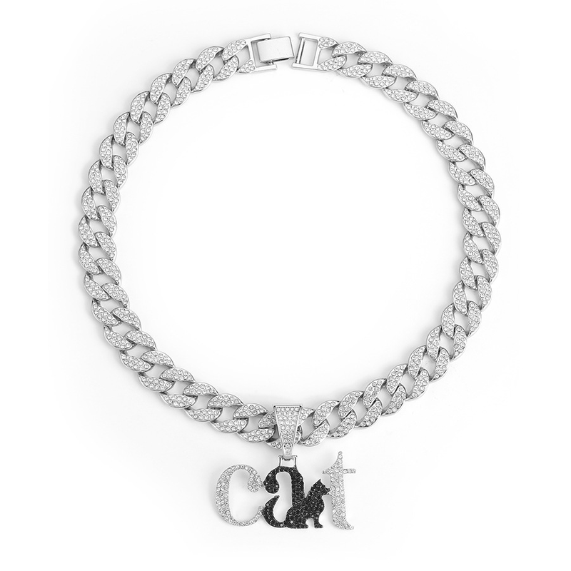 Collana cubana con ciondolo animale gatto con lettera creativa con diamanti pieni, accessori hip-hop alla moda da uomo_voghion.com