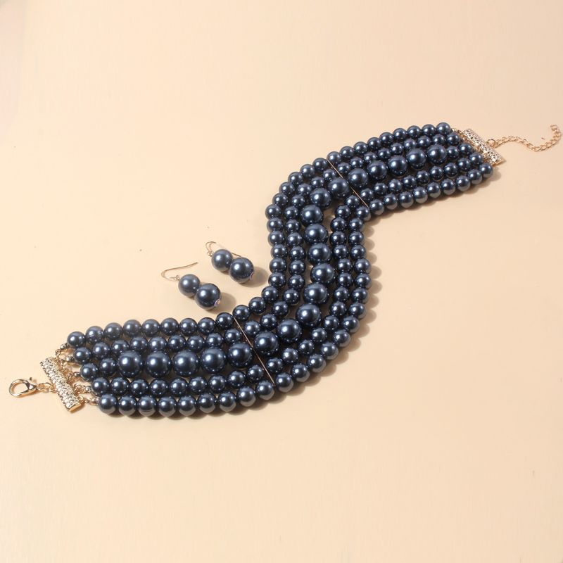 Conjunto de collar y accesorios para mujer con collar multicapa de perlas cortas_voghion.com