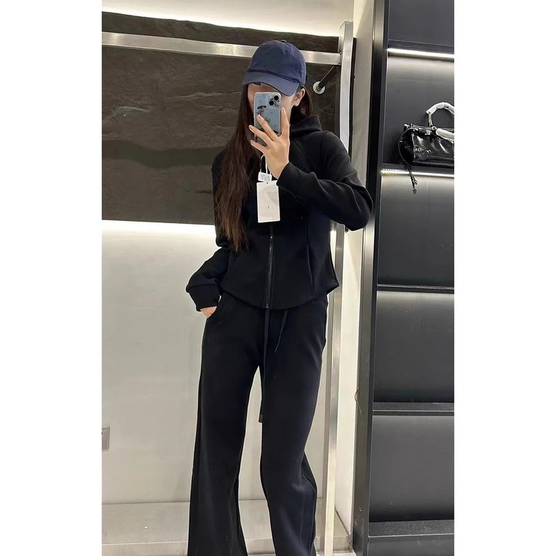 Abbigliamento da donna Tuta con cappuccio nero ispessita Tardo autunno e inizio inverno Indossa un set completo di abbigliamento sportivo casual in due pezzi_voghion.com