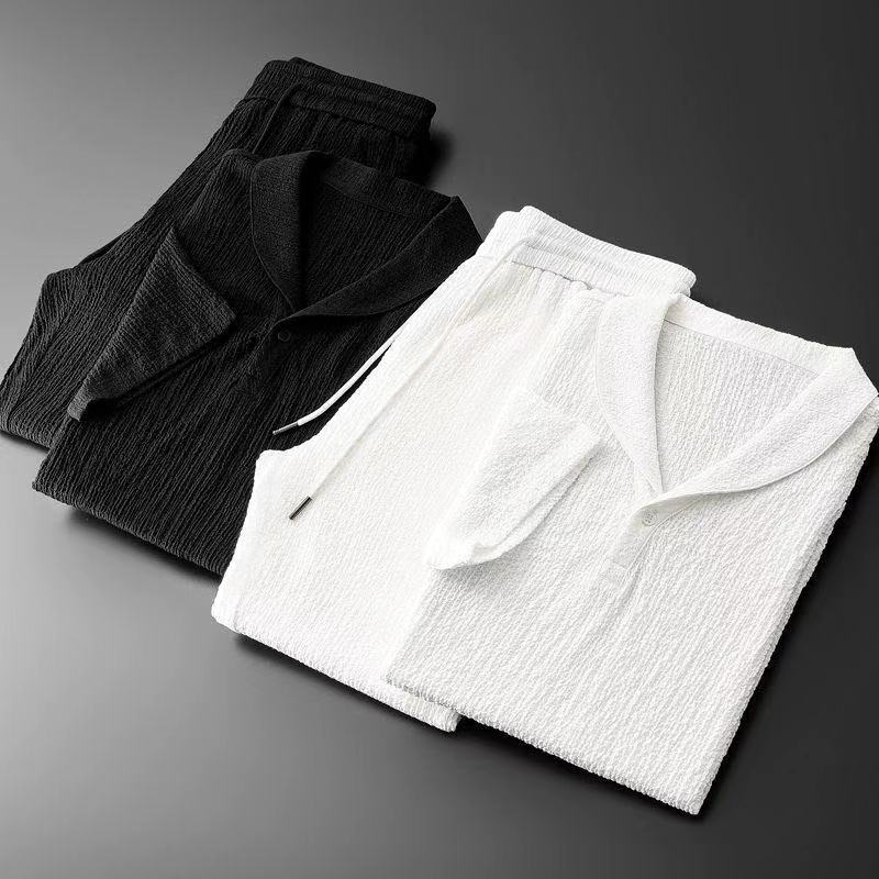 Men's Clothing White casual sports suit for men in summer with lapel, fashionable, light luxury, pleated two-piece suit, thin and handsome, trendy_voghion.com
