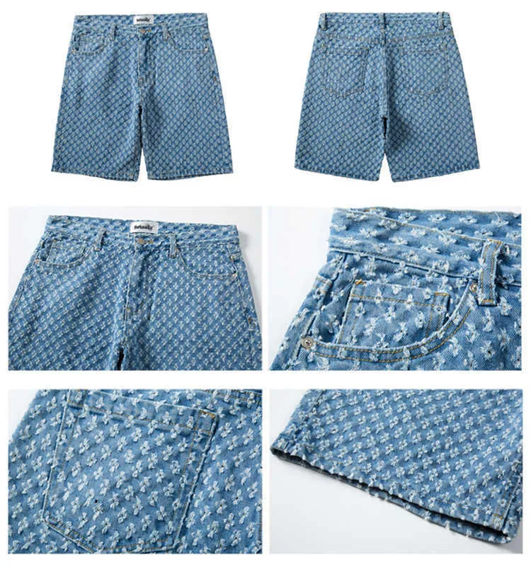 Herren Y2K Bermuda Shorts für Männer Sommer neue trendige lockere Passform gerades Bein knielange Hose blau Jacquard Baumwolle_voghion.com