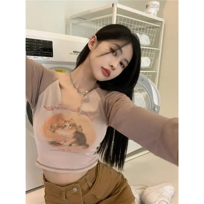 2023 Ropa Mujer Women Tshirts Cat Print Long Sleeve Tunic Tees Crop T Shirt Contrast Color Casual Fashion Korean Y2k T-shirt_voghion.com