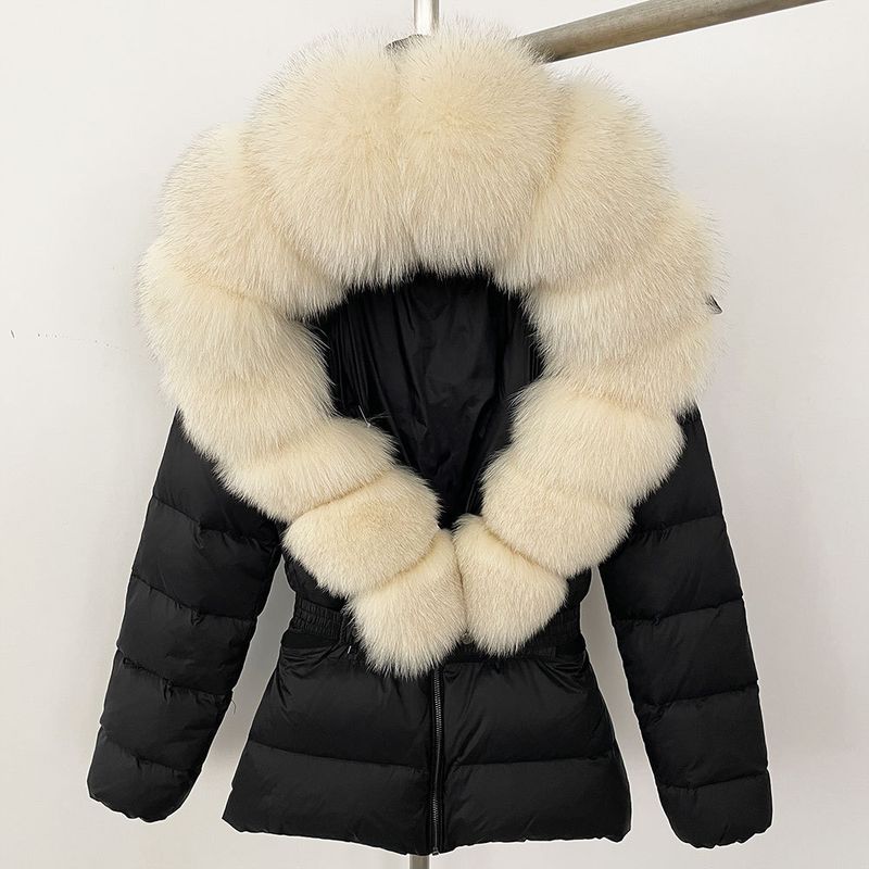 Nuovo stile caldo del commercio estero, giacca corta da donna con collo in vera pelliccia di volpe, giacca in piumino con vita sottile e spessa_voghion.com