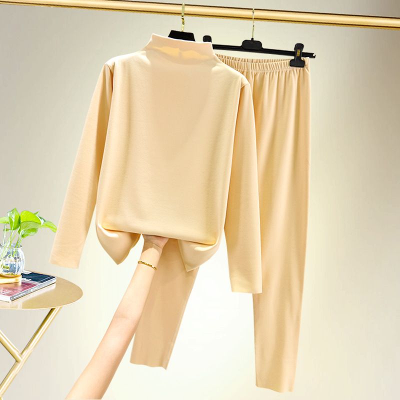 Women's warm underwear set with double-sided German velvet wool and thick half high neck long sleeve trousers plus size two-piece set_voghion.com