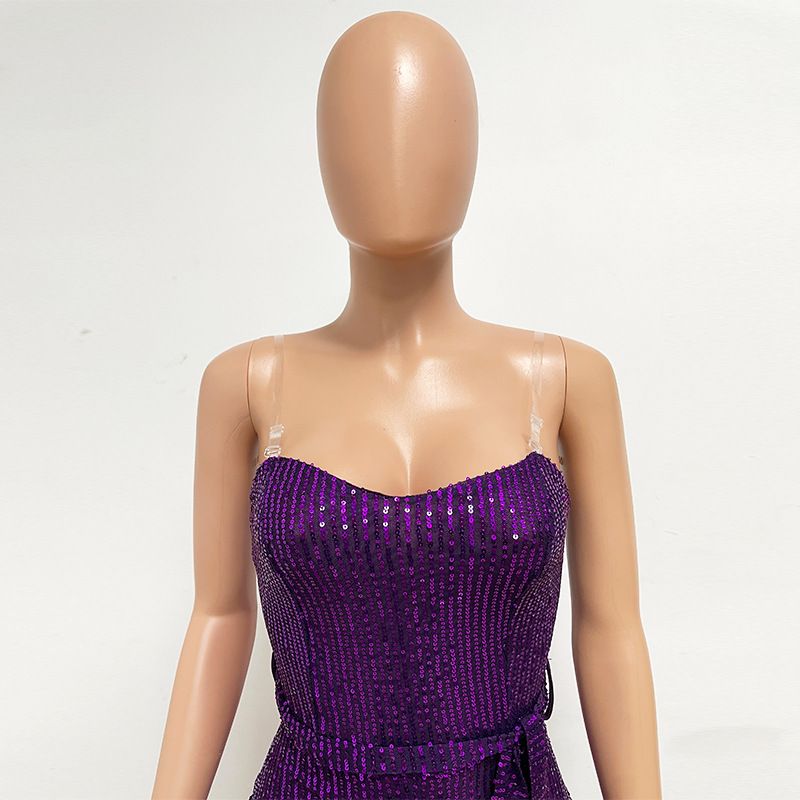 Dametøj Ærmeløs pailletterbæltejumpsuit ensfarvet tubetop rygløs jumpsuit_voghion.com