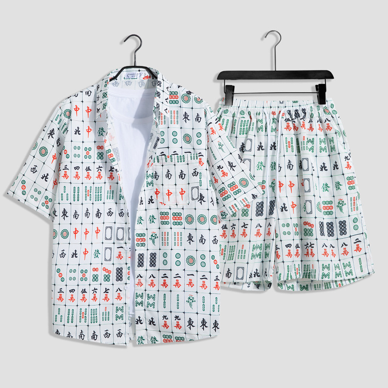 Herenkleding aan zee, strandvakantie, losse heren, plus size paar, trendy bloemenoverhemd met korte mouwen, casual tweedelige set_voghion.com