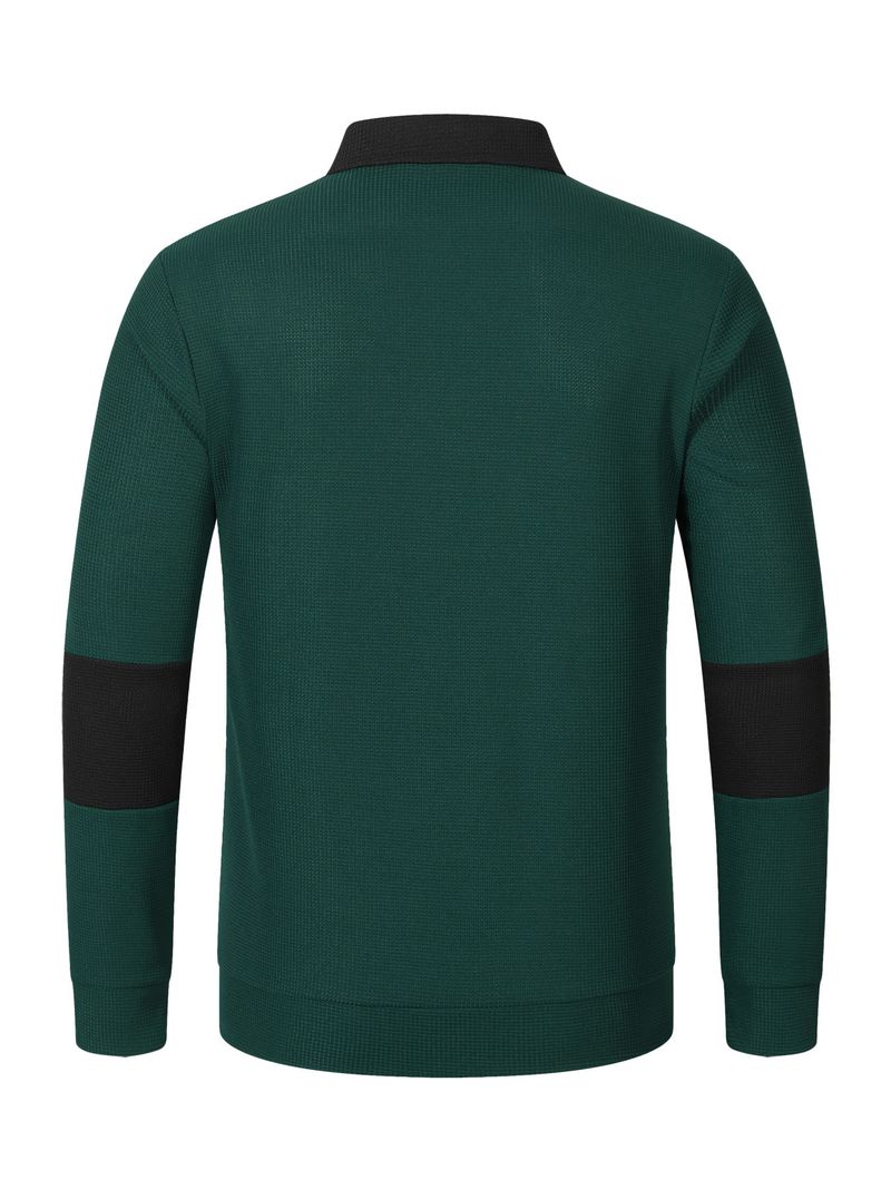 Herren-Poloshirt mit Waffelstrick und Kontrastfarbe, langärmelig – Locker geschnittenes, lässiges Hemd mit Button-Down-Kragen für den Herbst_voghion.com
