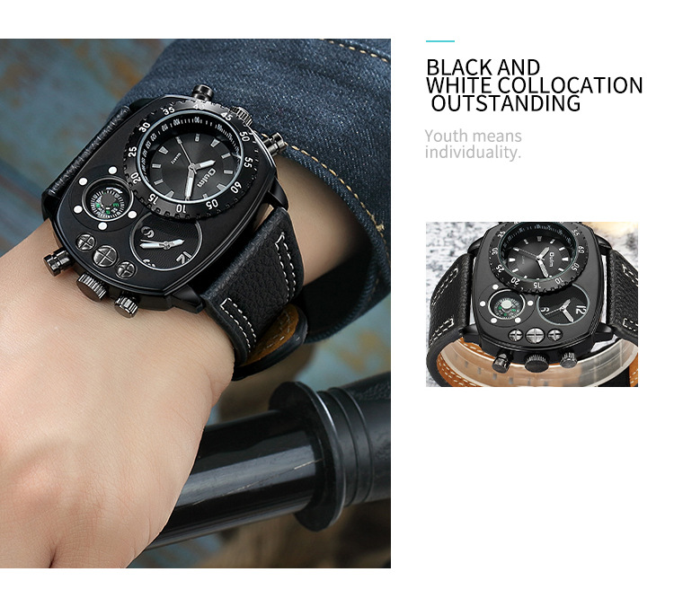 Men's Dual Time Zone Fashion Watch With Compass Design, Large Square Dial, Genuine Leather Strap, Singapore Quartz Movement Luxurious Gift_voghion.com