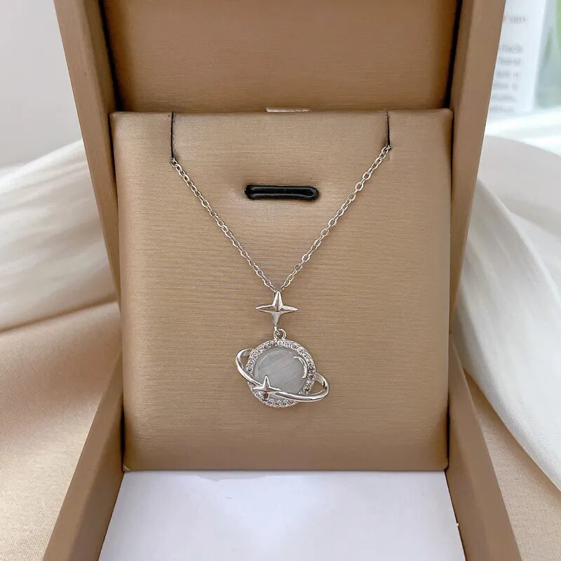 Stainless Steel Gold Color Opal Planet Star Pendant Necklace For Women Girl Elegant Jewelry Party Gift Wholesale_voghion.com