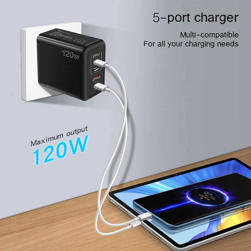 120 W 5-Port USB-C PD Schnellladegerät Stecker, 4 Port QC3.0 Wandadapter für iPhone/iPad_voghion.com