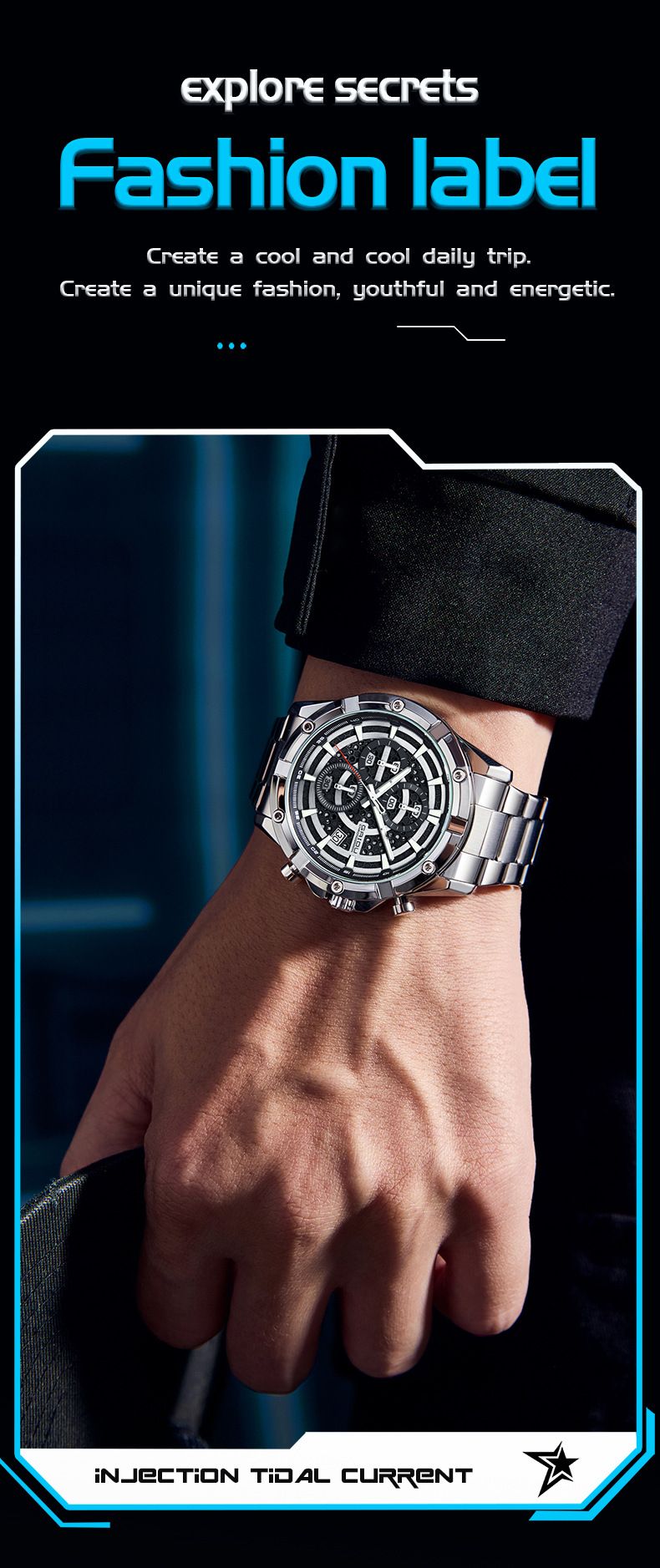 Orologio da uomo al quarzo impermeabile in stile punk con funzione data, lancette luminose e quadrante multifunzionale - Cinturino in acciaio inossidabile, cassa rotonda da 42 mm_voghion.com