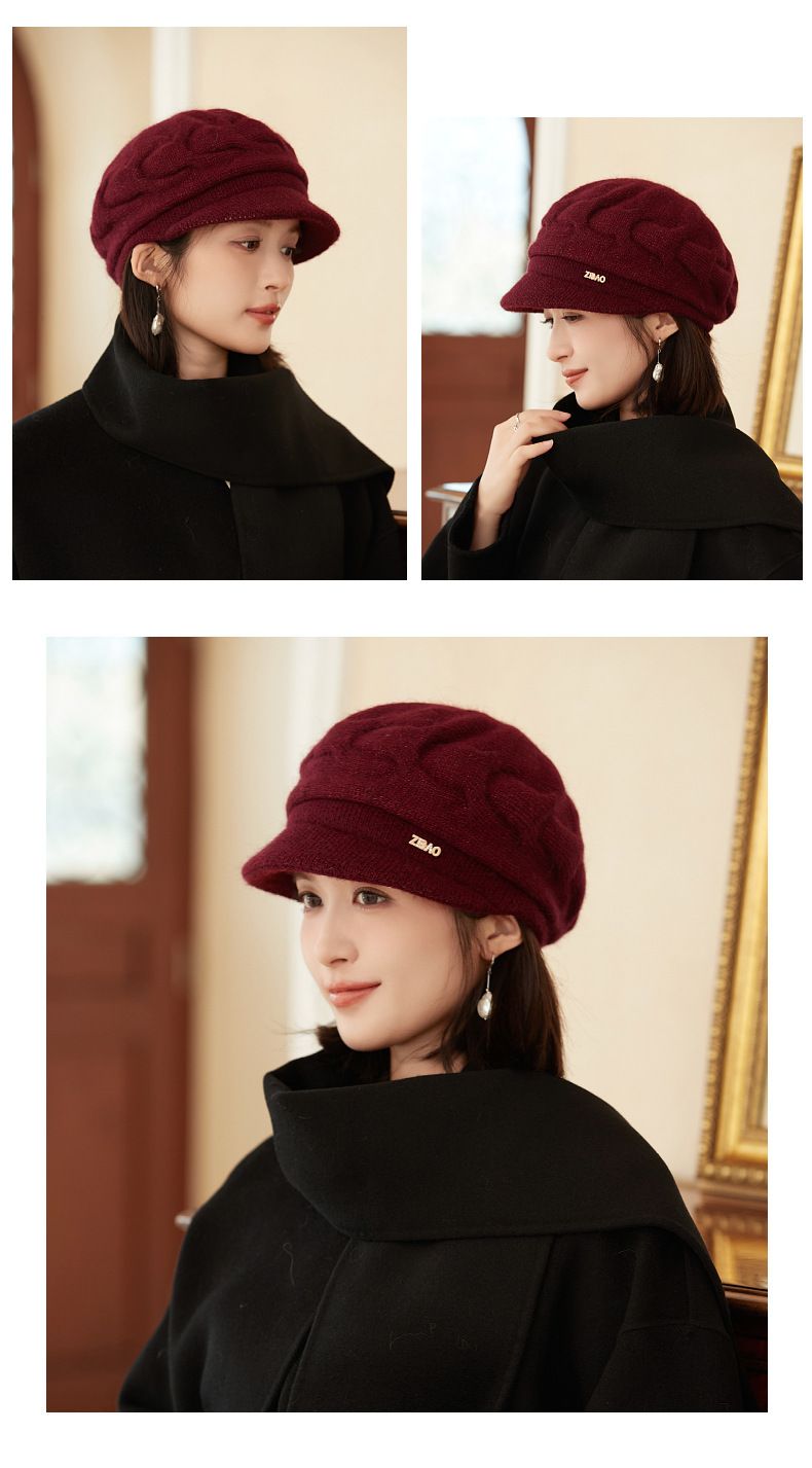 Rabbit Fur Blend Knitted Earflap For Women, Elegant Stylish Autumn And Winter Woolen Duckbill Cap, Face Slimming_voghion.com