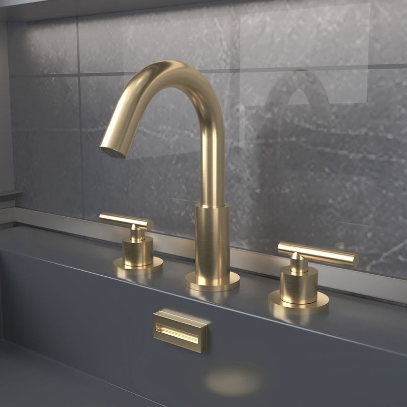 8 In. Widespread 2-Handle Mid-Arc Bathroom Faucet With Valve And CUPC Water Supply Lines In Brushed Gold_voghion.com