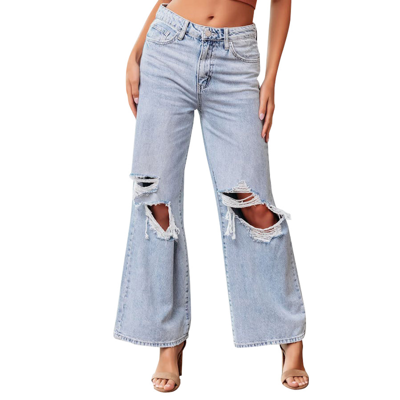 Kniezerrissene Jeans für Damen, hohe Taille, lange Hose mit weitem Bein, leicht verwaschene Freizeithose_voghion.com