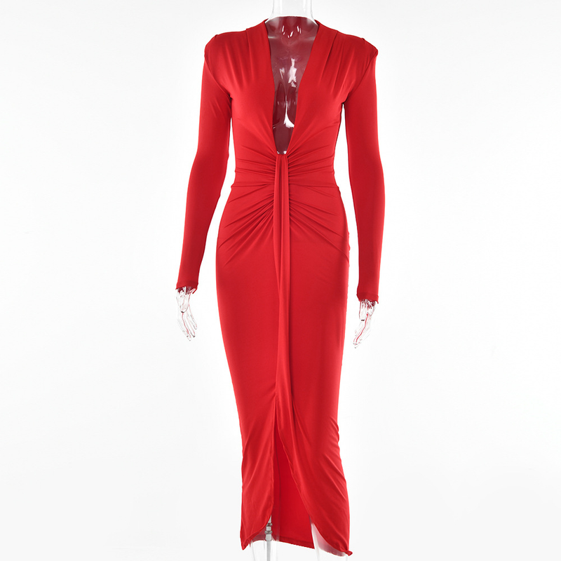 Europäische und amerikanische Ins Simple Sexy Unregelmäßiger langer Rock für Frauen Sommer Langarm-Taillenfaltenkleid_voghion.com