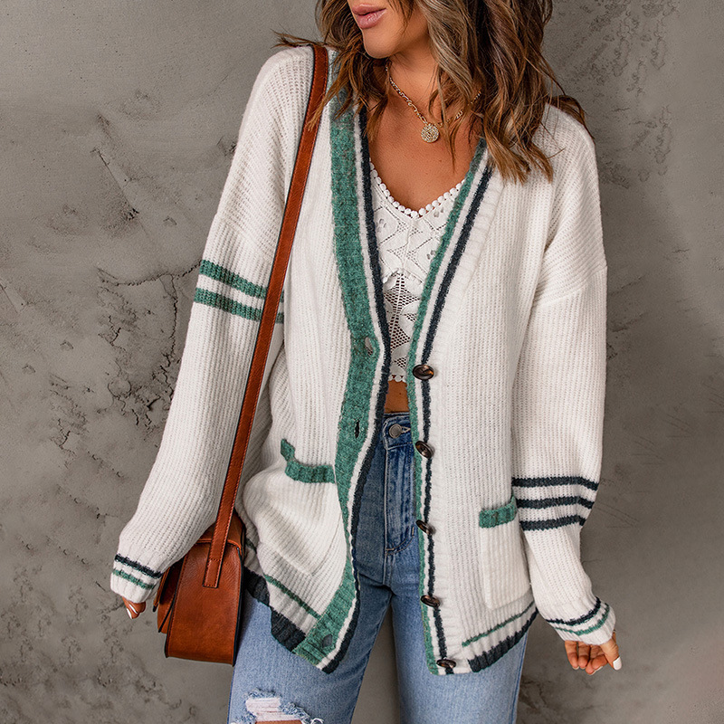 Abbigliamento da donna maglione maglione cardigan a maniche lunghe a righe a contrasto di colore da donna_voghion.com