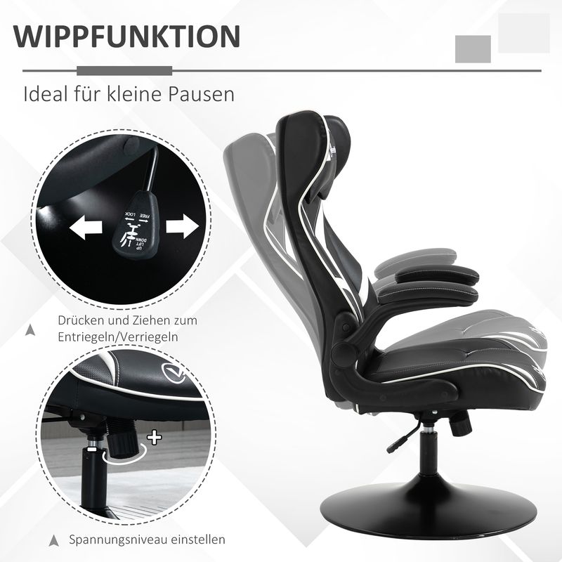 Chaise de jeu ergonomique Vinsetto inclinable, pivotante et réglable en hauteur, structure en acier, noir et blanc, dimensions : 67 x 75 x 106-112 cm_voghion.com