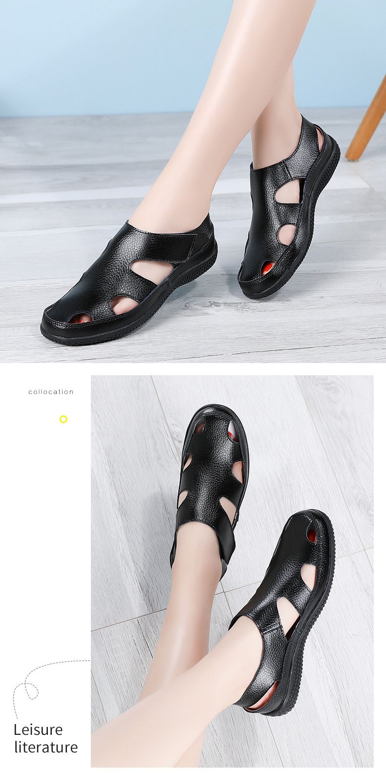 Sandalias de verano de piel auténtica para mujer, cómodas, con punta redonda y suela blanda hueca para mujer_voghion.com