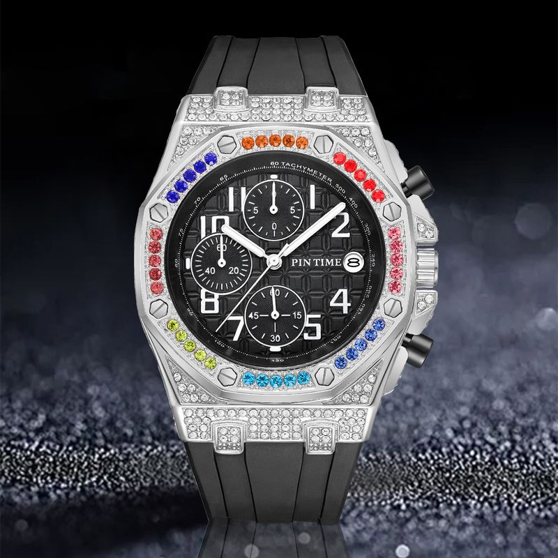 Luxuriöse Herrenuhr mit Diamantakzenten, Multifunktions-Chronograph, Datumsanzeige und 30 m Wasserdichtigkeit – Roségoldgehäuse und Silikonarmband_voghion.com