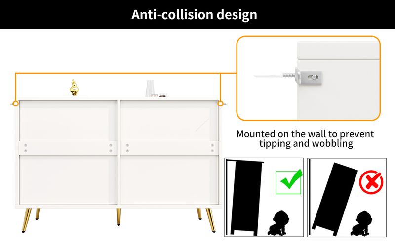 Kommode Weiß Mit 6 Schubladen, 3D-Schranktürdesign, Goldene Beine_voghion.com