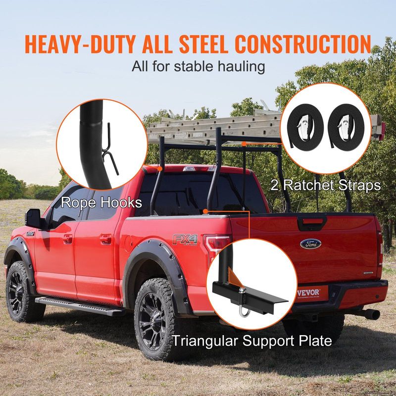 VEVOR Truck Rack, 46-71inch Extendable Truck Ladder Rack, 800 Lbs Capacity Steel Ladder Rack For Truck With Non-Drilling J-bolts, Heavy Duty Truck Bed Rack For Kayak, Surfboard, Lumber, Ladder_voghion.com