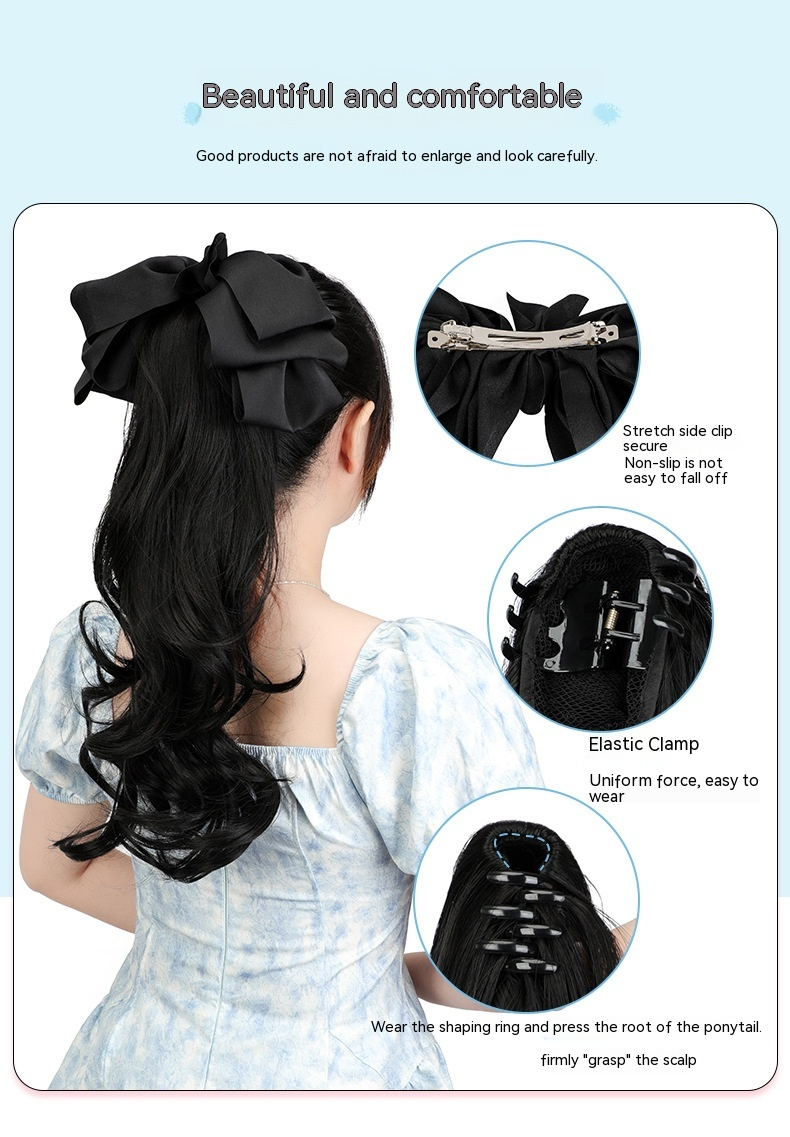 Nuova parrucca di vendita calda con fiocco nero e piccola clip sulla coda di cavallo, capelli ricci lunghi, copricapo rosso Internet, accessori per capelli realistici e naturali_voghion.com