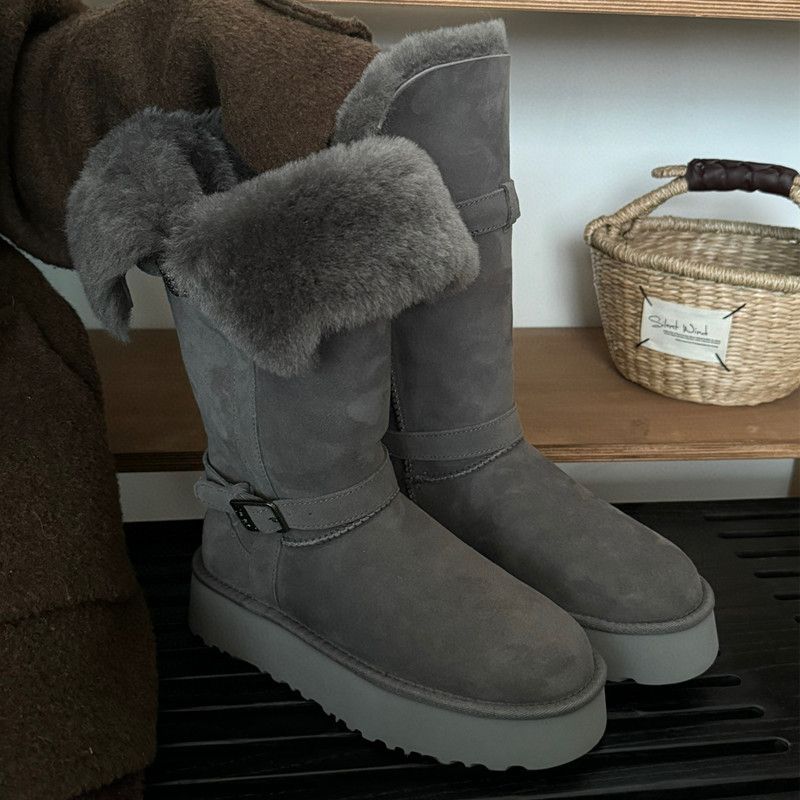 Stivali da neve lunghi in pelle di pecora con suola spessa per donna, caldi e invernali, nuovi, in cotone_voghion.com