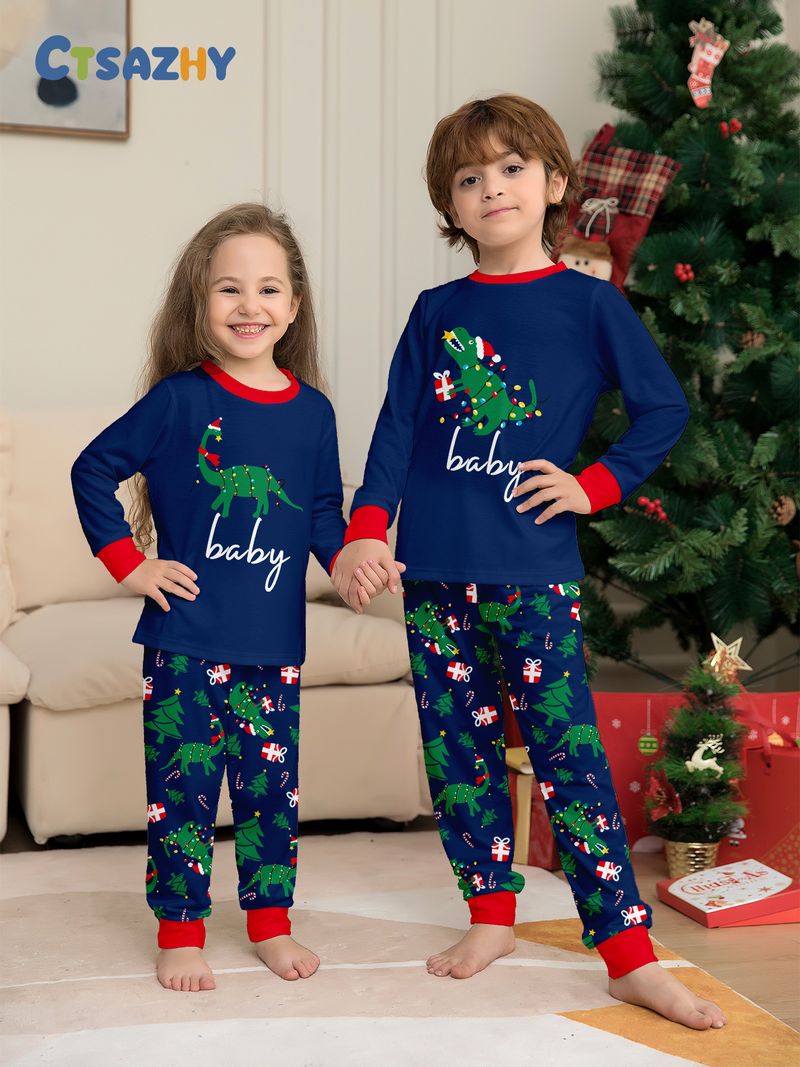 Passendes Familien-Pyjama-Set mit Dinosaurier- und Alphabet-Aufdruck – Langärmlige Weihnachtsnachtwäsche für Männer, Frauen, Kinder und Haustiere (Mehrere Größen, Marineblau)_voghion.com
