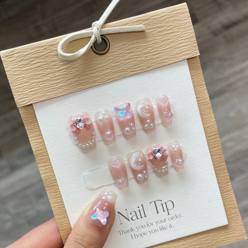 10 pezzi unghie fatte a mano set stampa su unghie finte lunghe di mandorla con strass rosa camelia design riutilizzabile completo Co Lg Almd Rhineste_voghion.com