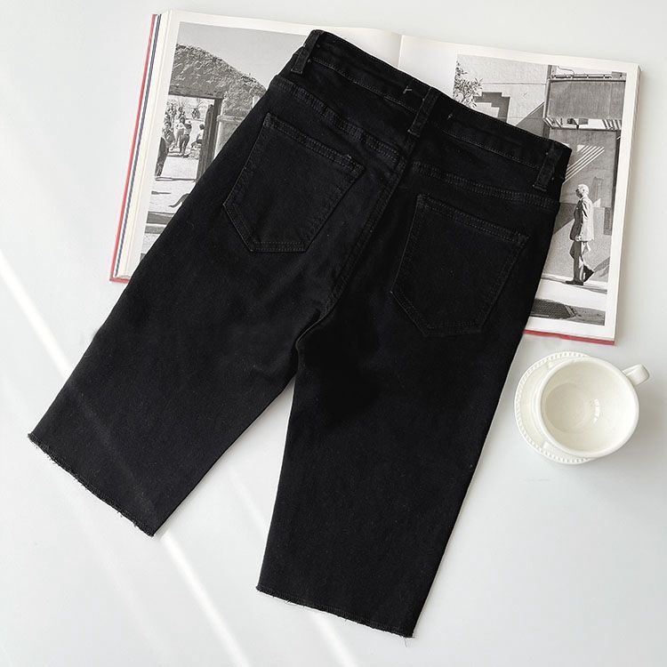 Short en jean noir moulant et amincissant à taille haute pour le cyclisme d'été pour femmes_voghion.com