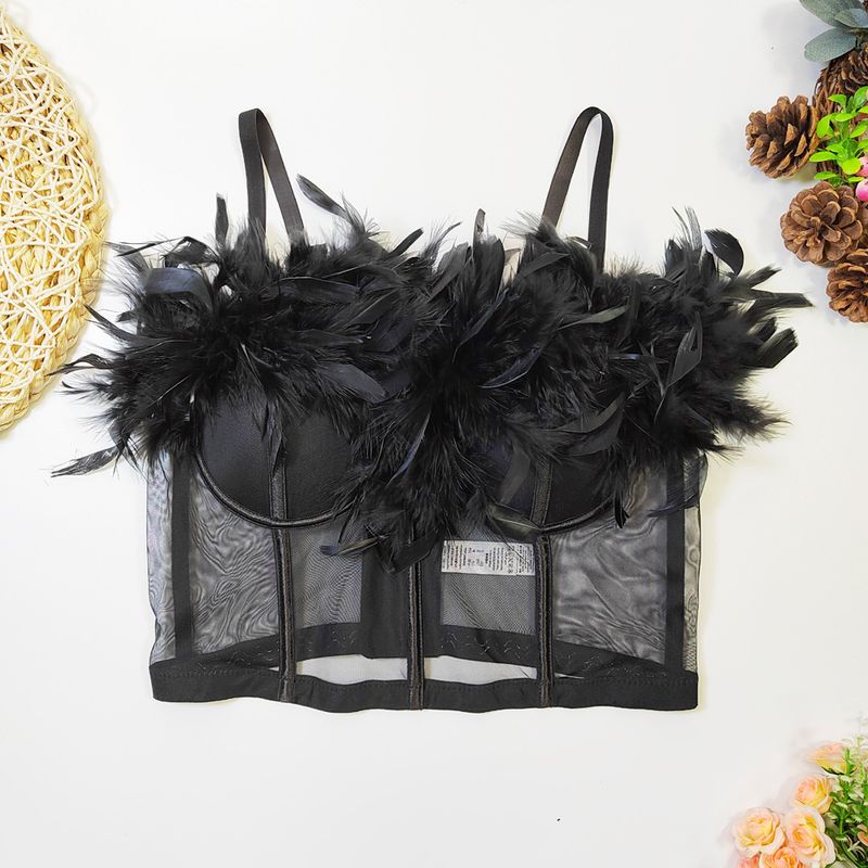Chicken Feather Stitching Organza Sling Cross-border Sexy Perspective Mesh Strapless Outer Wear Short Fishbone Bra_voghion.com