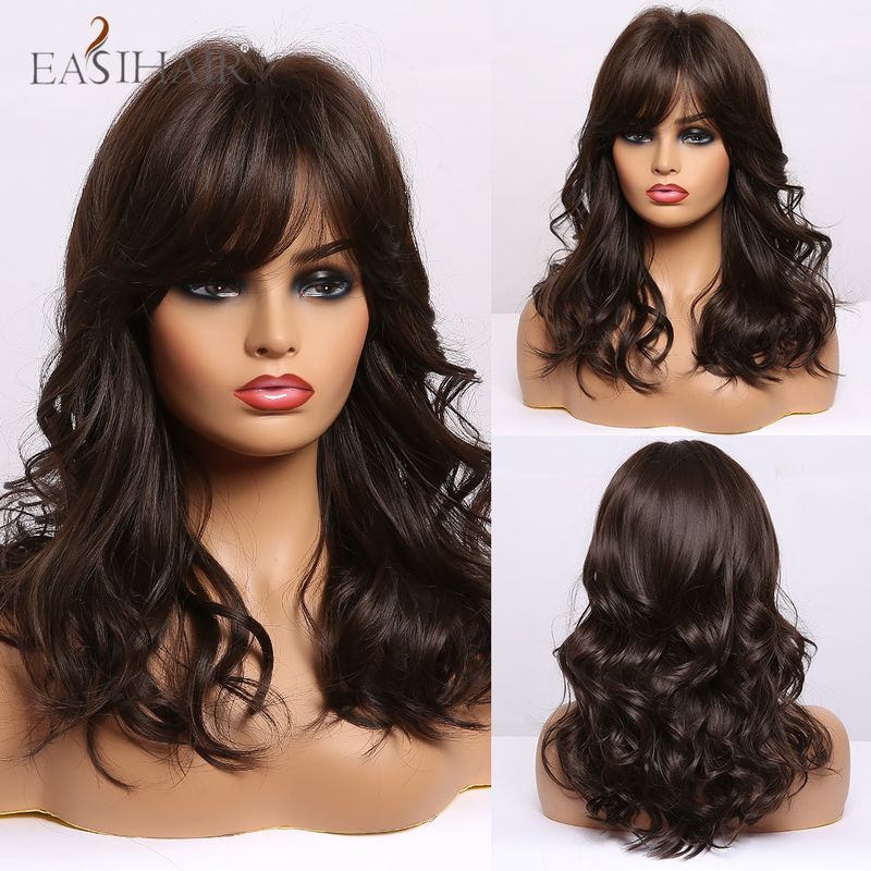 Gemischte goldene, schwarze und braune synthetische gewellte Bob-Perücke mit Pony, kurze, lockige Perücken für Frauen, hitzebeständig, für Cosplay-Partys, natürliches Haar_voghion.com