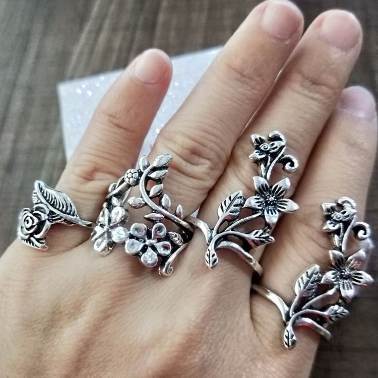 Conjunto de anillos de plata antigua con diseño de flor hueca, moderno y exclusivo para mujer, muy vendido._voghion.com