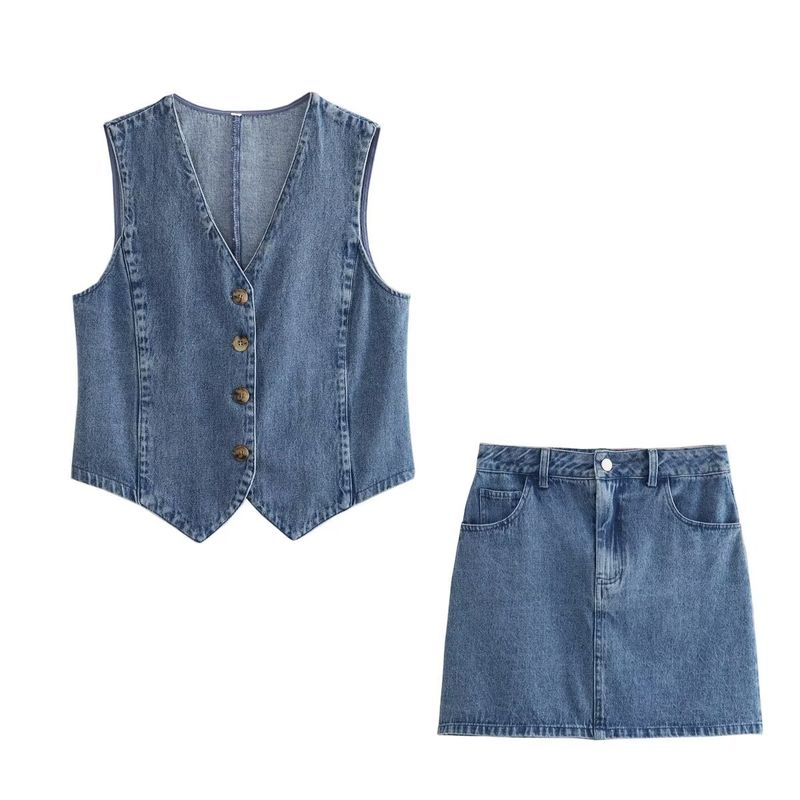 Zatrax2025 Neue Damenmode Ärmellose Kurze Jeansweste Hohe Taille Rock_voghion.com