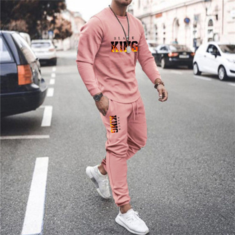 Completo da uomo a maniche lunghe The King, primavera autunno, felpa con stampa 3D, completo da uomo, abbigliamento sportivo oversize, set da 2 pezzi, outfit da uomo_voghion.com