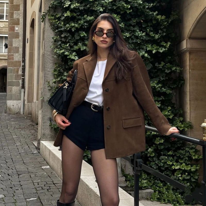 Blazer style Old Money élégant, polyvalent, décontracté, ample, manteau en daim pour femme_voghion.com