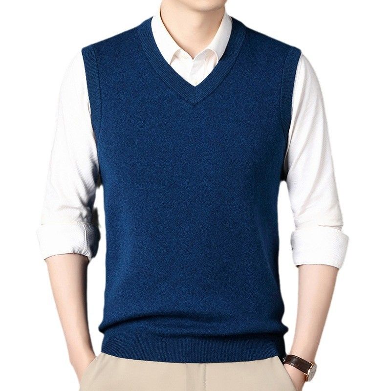 350g Pure Thickened Middle-aged Dad, Autumn And Winter Sleeveless V-neck Knitted Wool Sweater Vest For Men_voghion.com